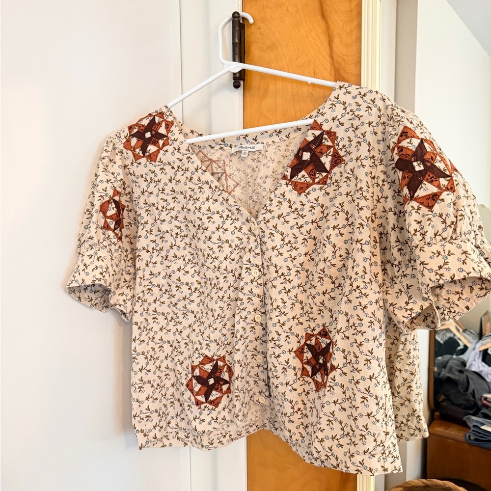 Madewell Cream Floral Button-Front Blouse with Rust Patchwork Accents